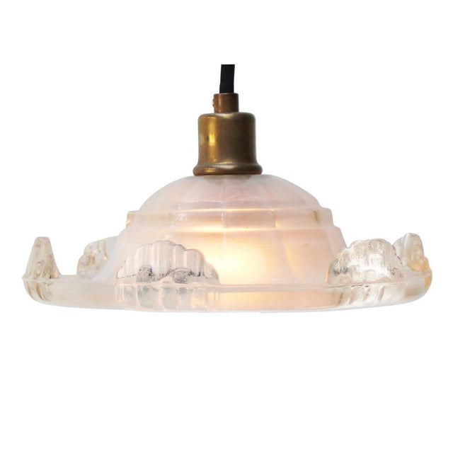 1920 French Art Deco clear, etched glass pendant lamp Brass glass holder 2 meter black cotton flex E14 Up to 250V...