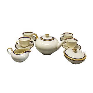 German White, Blue and Gold Porcelain Tea Set/Coffee Set, 1950s, Set of 11 For Sale