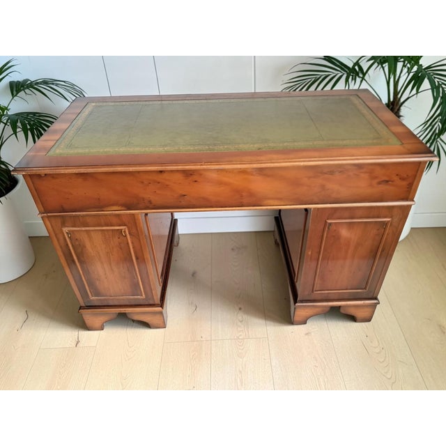 Antique Twin Pedestal Desk in Dark Yew Wood and Leather Top, 1980 For Sale - Image 3 of 18