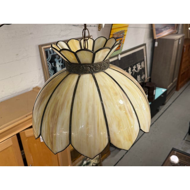 Vintage Tiffany Style Slag Glass Light Pendant For Sale - Image 4 of 12