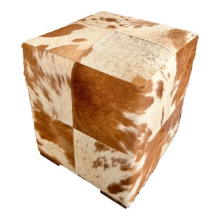 Brown and White Natural Cow Print Essex Stool Hair on Hide Leather by Made Goods For Sale