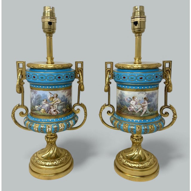 French Late 19th Century Pair Antique French Sèvres Porcelain Ormolu Celeste Blue Jewell Table Urns Lamps For Sale - Image 3 of 11