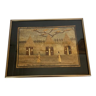 1980s Vintage African Dry Banana Leaf Art Two Women Working a Village Huts & Fence, Framed For Sale