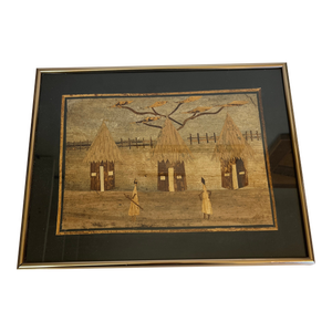 1980s Vintage African Dry Banana Leaf Art Two Women Working a Village Huts & Fence, Framed