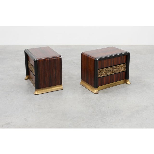 Wood Nightstands in Wood with Brass Relief, Italy 1970s, Set of 2 For Sale - Image 7 of 15