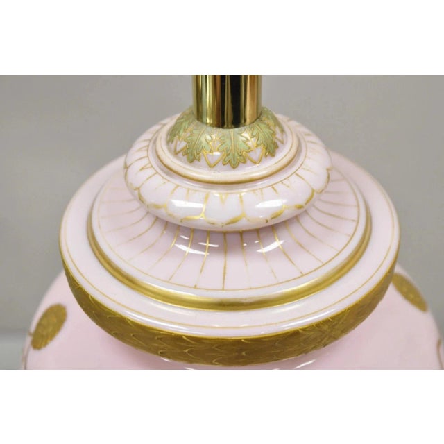 Antique French Louis XV Pink Porcelain Gold Painted Bulbous Table Lamps - A Pair For Sale In Philadelphia - Image 6 of 12