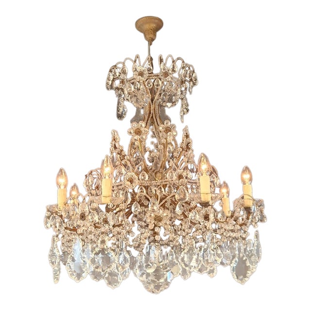 Antique Art Nouveau Flower Candelabrum Crystal Chandelier Brass Ceiling Lustre For Sale