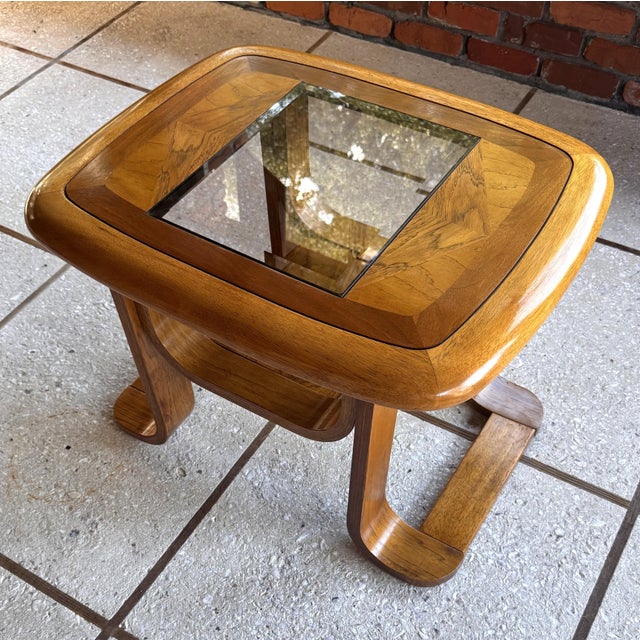 Mid 20th Century 70's MCM Mersman Oak Smoked Glass End Table For Sale - Image 5 of 14