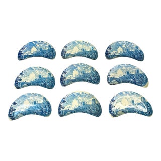 Victorian Style Royal Worcester Blue & White Transferware Pottery Bone Plates S/9 For Sale