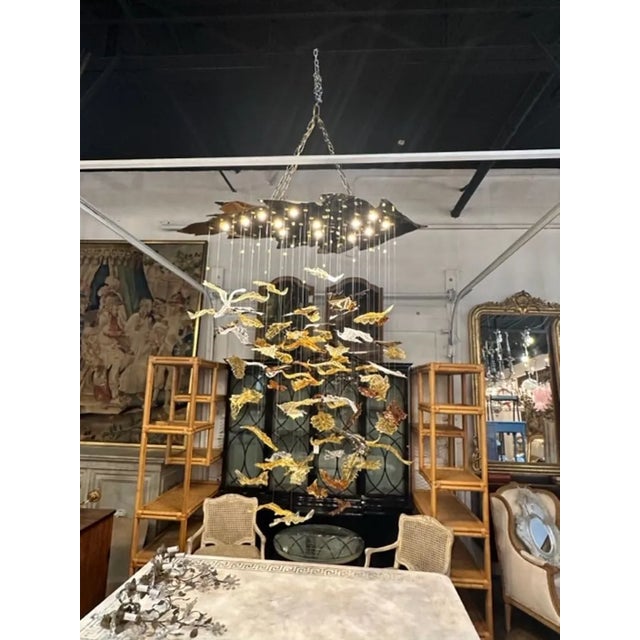 Metal Modern Murano Glass and Brass Autumn Leaf Suspension Chandelier For Sale - Image 7 of 7