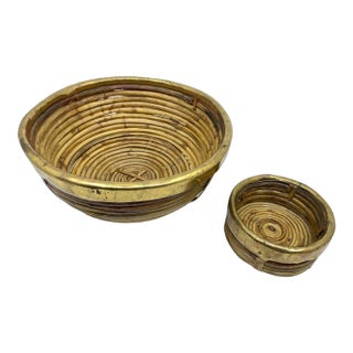 Vintage Brass and Rattan Decorative Bowls- a Set For Sale