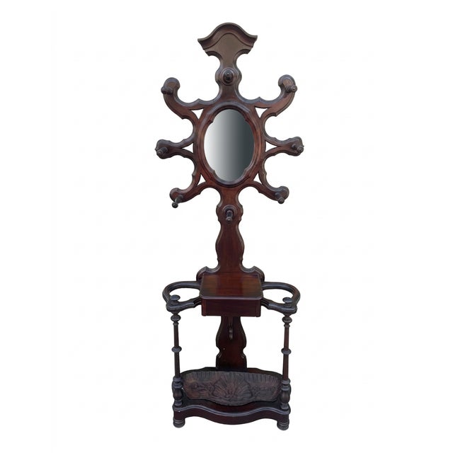 Exquisite late 1800s Victorian hall tree with original iron drip-catcher plate included! All hat/coat hooks stil intact....