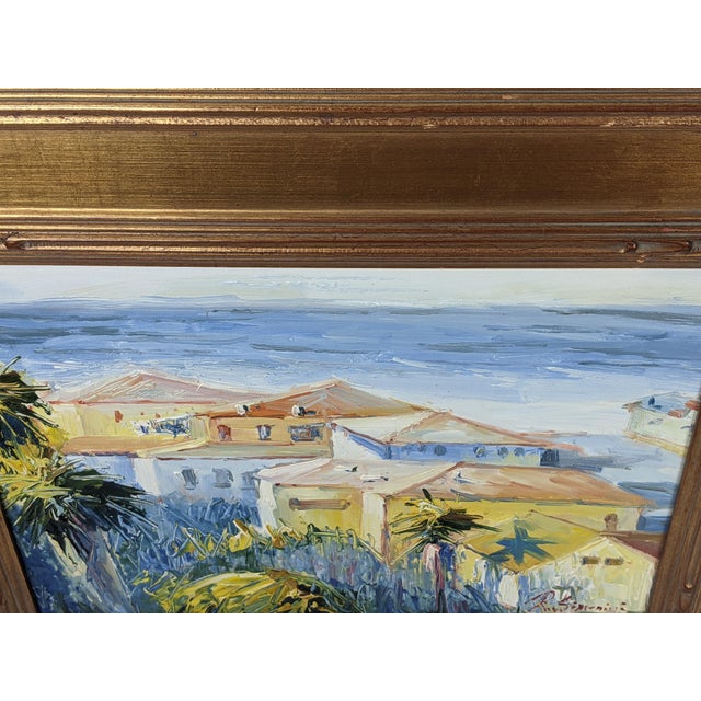 Wood Late 20th Century Ray Simonini Mediterranean Village Oil Painting, Heavy Impasto, Blue & Gold For Sale - Image 7 of 18