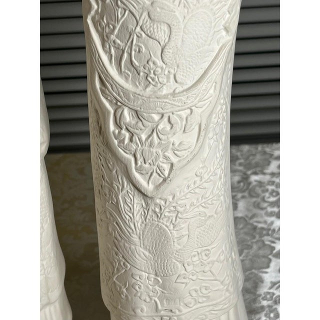 Vintage 22" Chinese Emperor & Empress Chalkware Statues - White Mid Century, A Pair For Sale - Image 15 of 17