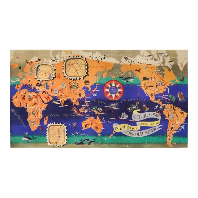 1956 French World Map Poster - Chocolat Menier, Le Tour Du Monde en 120 Images, Grand Concours For Sale