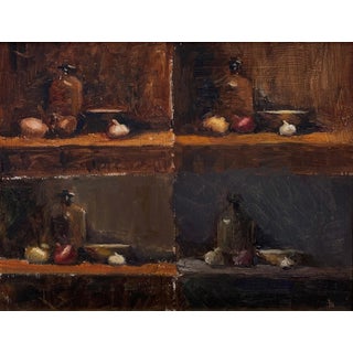 Untitled by Kaz Umezono | Oil on panel Still life of bottles and fruits on shelves For Sale