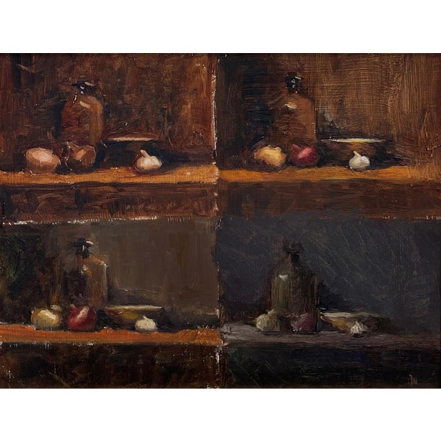 Untitled by Kaz Umezono | Oil on panel Still life of bottles and fruits on shelves For Sale