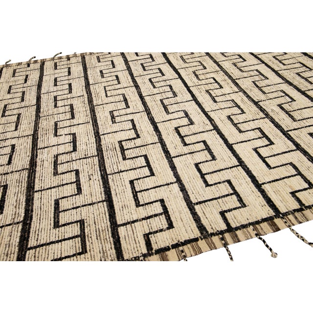 Beige Beige Modern Moroccan Style Handmade Black Boho Pattern Wool Rug For Sale - Image 8 of 9
