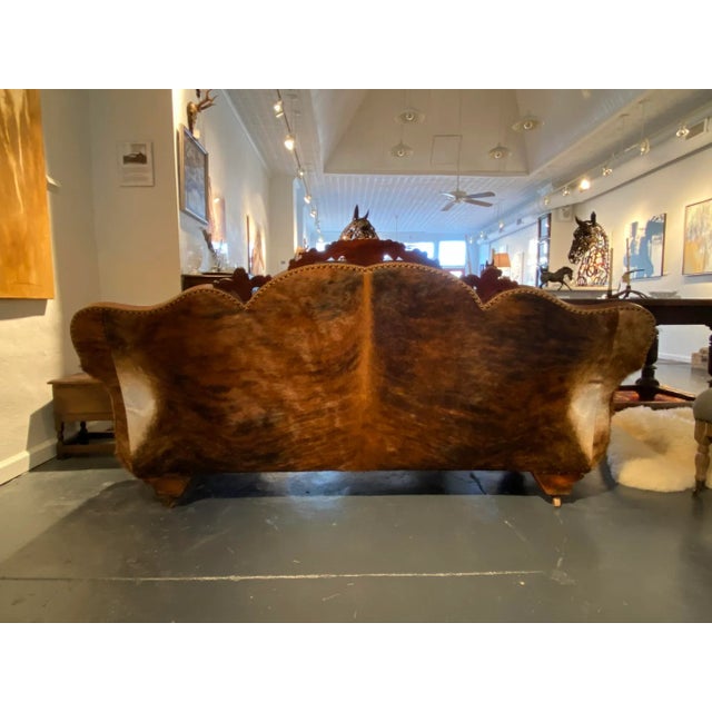 French Settee- Vintage French Country- 1800s-Reupholstered Brindle Cowhide For Sale - Image 4 of 10