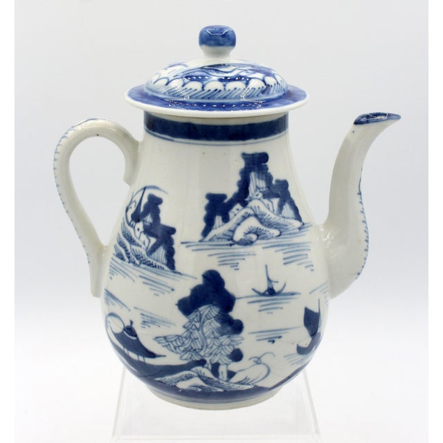 Mid-19th century Blue Canton covered coffee pot, Chinese. Charmingly decorated with lake & tea house scenes. 7.25" h.,...
