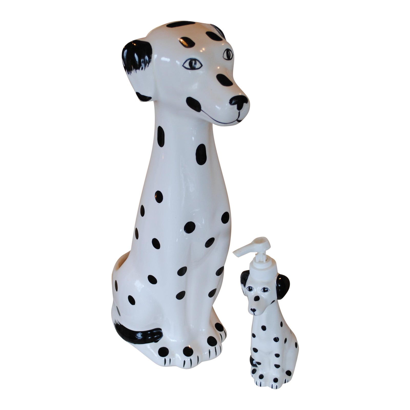 1990s Vintage Ceramic Dalmation Toilet Brush Holder and Soap Dispenser