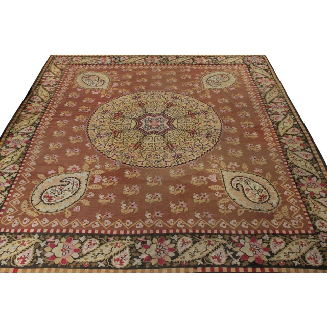 Late 18th Century 19th Century Antique Aubusson Flatweave Rug, Brown, Pink, Gold Medallion Pattern For Sale - Image 5 of 6