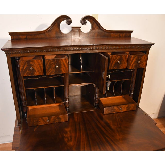 Wood 1920 Antique English Regency Crotch Mahogany Secretary Desk Drop Front Desk For Sale - Image 7 of 15