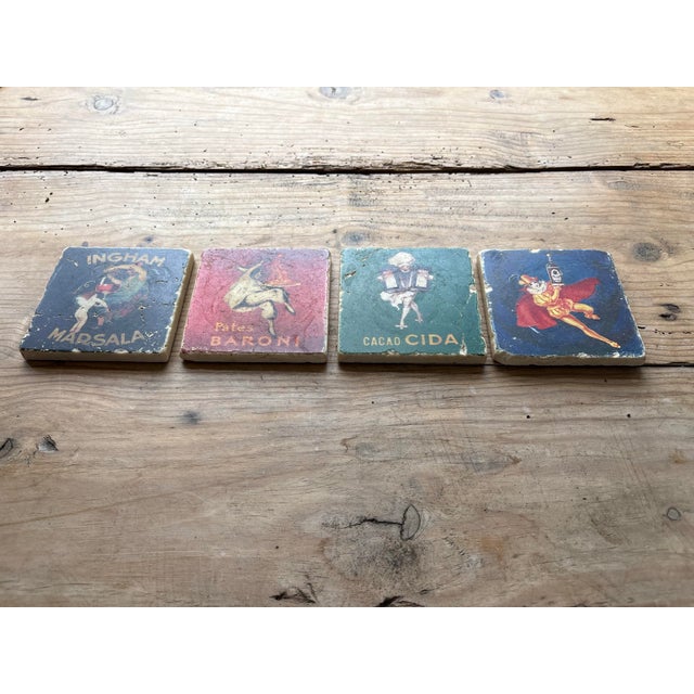 Blue Vintage Italian Advertising Ceramic Coasters, Set of 4 | Ingham Marsala, Baroni & Cacao Cida For Sale - Image 8 of 12