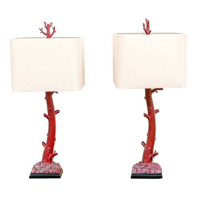Red Painted Faux Branch Coral Table Lamps - a Pair For Sale