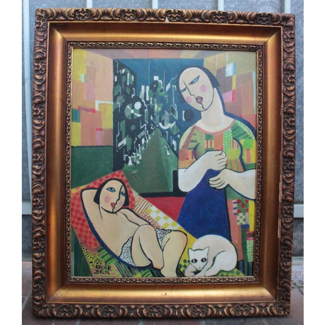 Mid-Century Modern 1960s Béla Kádár (Attr.) — Modernist Figural Composition With Reclining Nude and Cat For Sale - Image 3 of 14