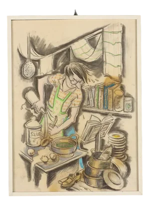 Nicola Benois, Man in the Kitchen, 20th Century, Mixed Media on Paper