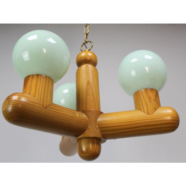 Brutalist Vintage Ceiling Lamp in Wood and Green Glass, 1970s For Sale - Image 3 of 8