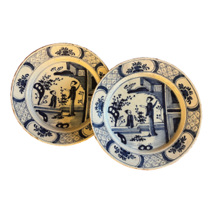 Antique 18th Century Delft Blue & White Charger Plates in the Chinese Kangxi "Long Eliza" Pattern - a Pair