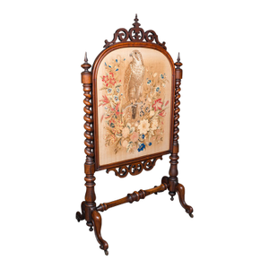 Antique Embroidered Fire Screen, English, Walnut, Needlepoint, Early Victorian