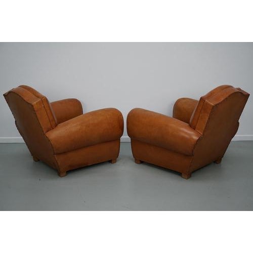 French Cognac Moustache Back Leather Club Chairs, 1950s, Set of 2 For Sale - Image 18 of 18