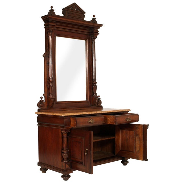 Italian Carved Walnut Dressing Cabinet with Mirror and Marble Top, 19th Century, Set of 2 For Sale - Image 3 of 15
