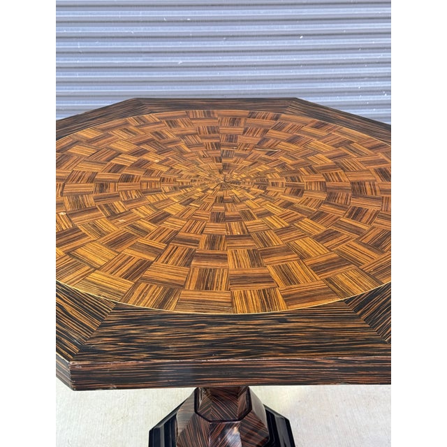 1950s French Art Deco Style Octagonal Center / Foyer Table in Zebrano Wood & Parquetry Finish For Sale In Austin - Image 6 of 6