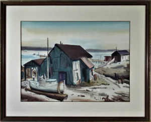 Catherine Rubino Eaton Baca, Landscape with Boat and House, California, 1950