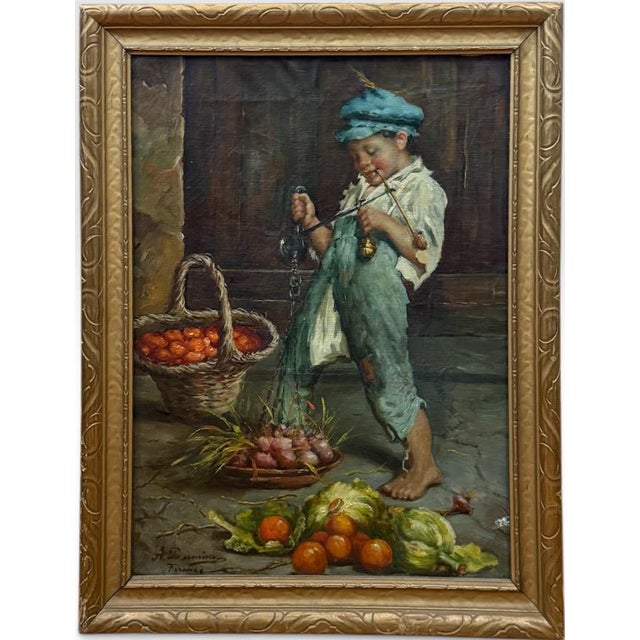 Antique 19th Century Italian Oil Painting by Adolfo Dumini Boy Weighing Vegetables in Ornate Gold Frame For Sale - Image 12 of 13