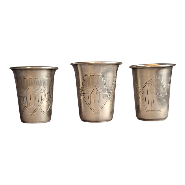 Antique Transitional Russian 84 Silver Kiddush Cups Zakhoder Kiev 1890-1915 - Set of 3 For Sale