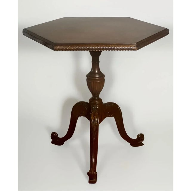 Exceptional French walnut burl hexagon shaped occasional, center hall or side pedestal table on a tripod base, circa...