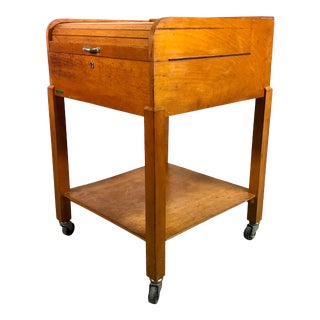 Vintage Rolling Wooden Office Cart With Tambour Door For Sale