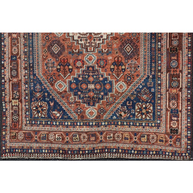 Antique Persian Shiraz Rug Tri-Medallion Geometrics in Rusty Orange and Blue** For Sale - Image 4 of 14