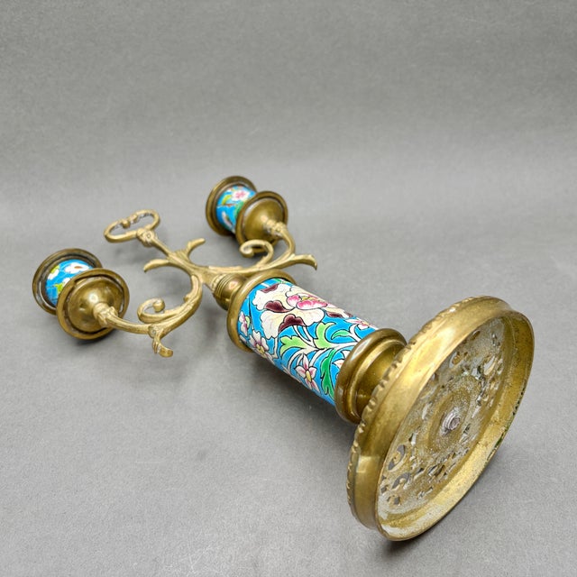 Antique Longwy France 1920s Turquoise Floral Enamel and Brass Two Arm Candelabra For Sale - Image 11 of 12
