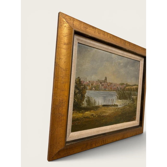 Vintage European Coastal Landscape Oil Painting | Framed Harbor Village Seascape For Sale - Image 4 of 10