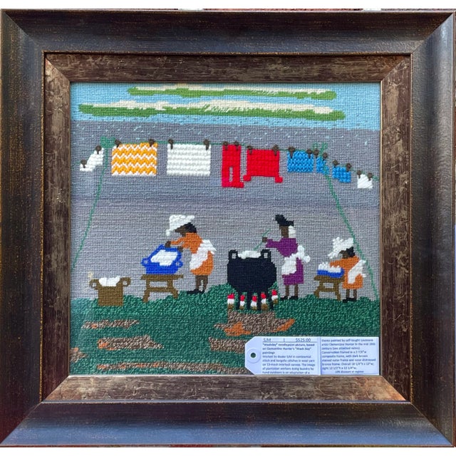 "Washday" needlepoint picture, based on Clementine Hunter's "Wash Day" paintings. Worked by dealer SJM in continental...