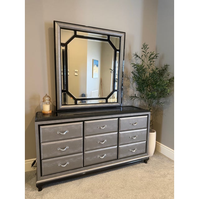 Wood Michael Amini After Eight Bedroom Collection- 2 Nightstands, Dresser, Armoire, Mirror, Media Cabinet For Sale - Image 7 of 12