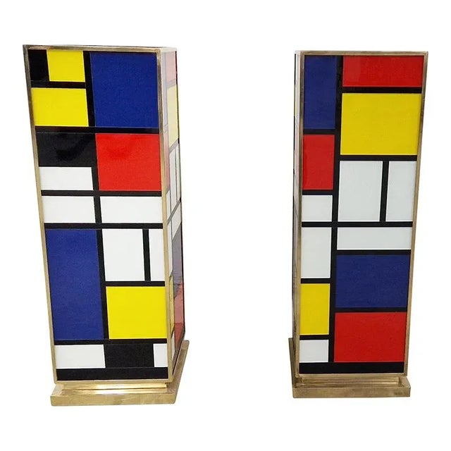 Pair of low decorative columns, entirely handmade, in brass and multicolored Murano Murano glass. CAD dimensions (LXPXH)...