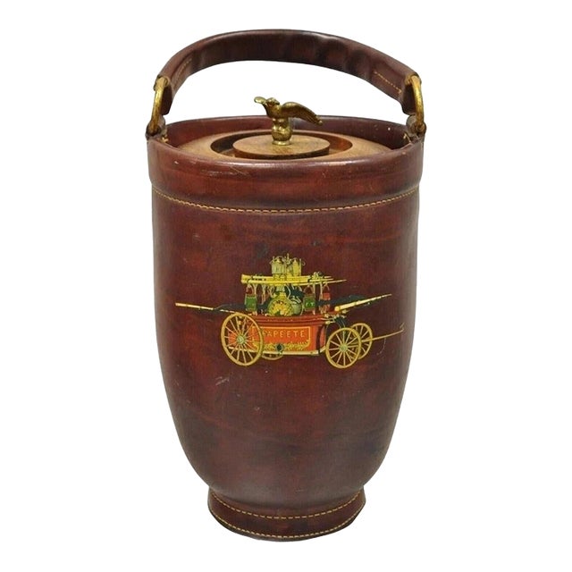 Vintage Loyal Papeete Firetruck Brown Leather Brass Eagle Handle Bar Ice Bucket For Sale