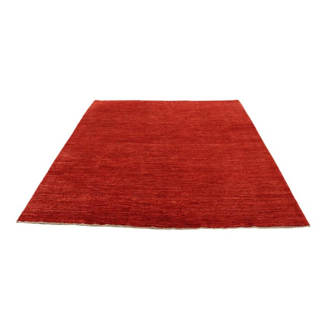 7x7 Fine Hand-Knotted Square Red & Burgundy Geometric Modern Rug For Sale - Image 4 of 9